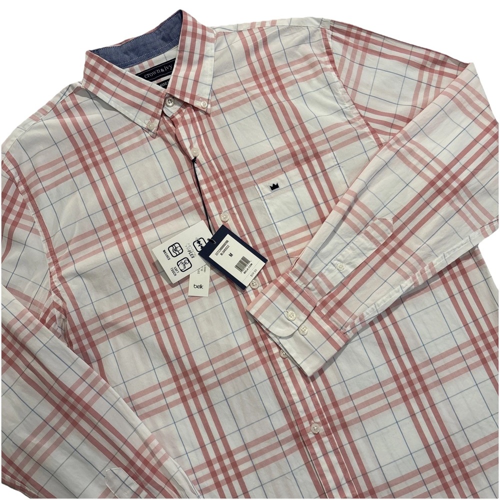 NWT Crown & Ivy MEDIUM PINK Plaid Classic Fit MOTION FLEX Button Down STRETCH - Picture 1 of 8